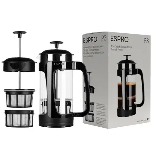 ESPRO - P3 French Press - Double Micro-Filtered Coffee and Tea Maker, Grit-Free and Bitterness-Free Brews, Ideal for Loose Tea and Coffee Grounds - (Black, 32 Oz)