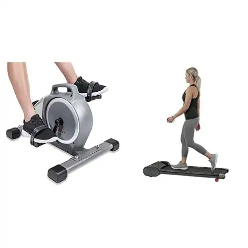 Sunny Health & Fitness Under Desk Mini Exercise Cycle Bike + Sunny Health & Fitness Walkstation Slim Flat Treadmill for Under Desk and Home - SF-T7945,Black