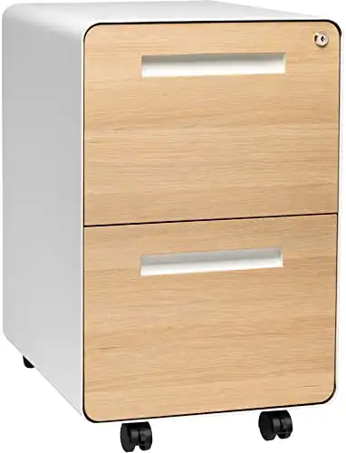 Laura Davidson Furniture Stockpile 2 Drawer Mobile File Cabinet with Lock - Under Desk Metal Filing Cabinet, Legal/Letter File Folders, Wheels and Stationary Feet, Pre-Assembled, White/Wood