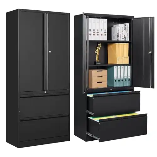 STANI 2 Drawer Lateral File Cabinet, Metal Storage Cabinet with Drawers, Locking File Cabinet with Storage Shelves, Metal Storage Cabinets for Letter/Legal/F4/A4 Size Files (Two Drawer, Black)