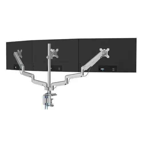 Mount-It! Triple Monitor Mount with USB and Audio Ports, 3 Monitor Desk Mount, Balanced Height Adjustable Triple Monitor Stand for Three Computer Screens 24 27 30 32 Inch VESA Screens, Gaming, Office