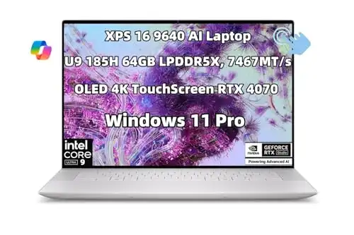 NewDell XPS 16 9640 Powerful AI Laptop 16.3 inch OLED UHD 4K TouchScreen Intel.Core Ultra 9 185H 64GB RAM 1TB SSD Geforce RTX 4070 Copilot Key Webcam Backlit Fingerprint WiFi 7 Thunderbolt Win 11 Pro