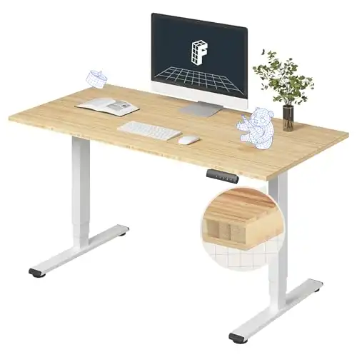 FLEXISPOT E6 Essential Bamboo 3 Stages Dual Motor 55x28 Inch Electric Height Adjustable Standing Desk Whole-Piece Board Desk Sit Stand Up Desk (White Frame + Bamboo Desktop)