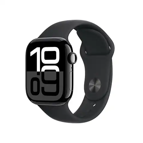 Apple Watch Series 10 [GPS 42mm case] Smartwatch with Jet Black Aluminium Case with Black Sport Band - S/M. Fitness Tracker, ECG App, Always-On Retina Display, Water Resistant