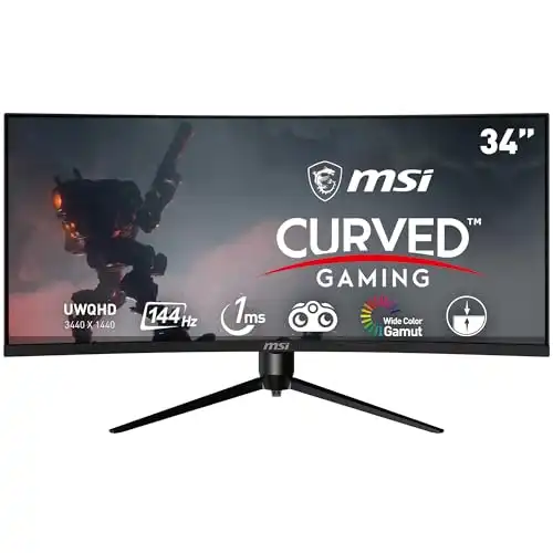 MSI Optix MAG342CQR 1500R Curvature 21:9 Aspect Ratio Narrow Bezel 1ms 3440 x 1440 (UWQHD) 144Hz Refresh Rate Tilt/Swivel/Height/Pivot Adjustment 34" AMD Freesync Gaming Curved Monitor, Black