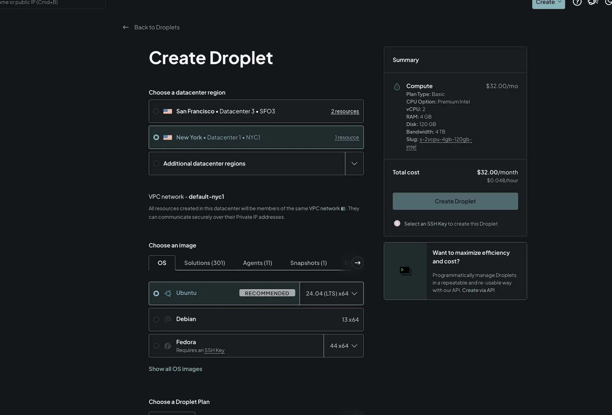 Create Droplet configuration interface